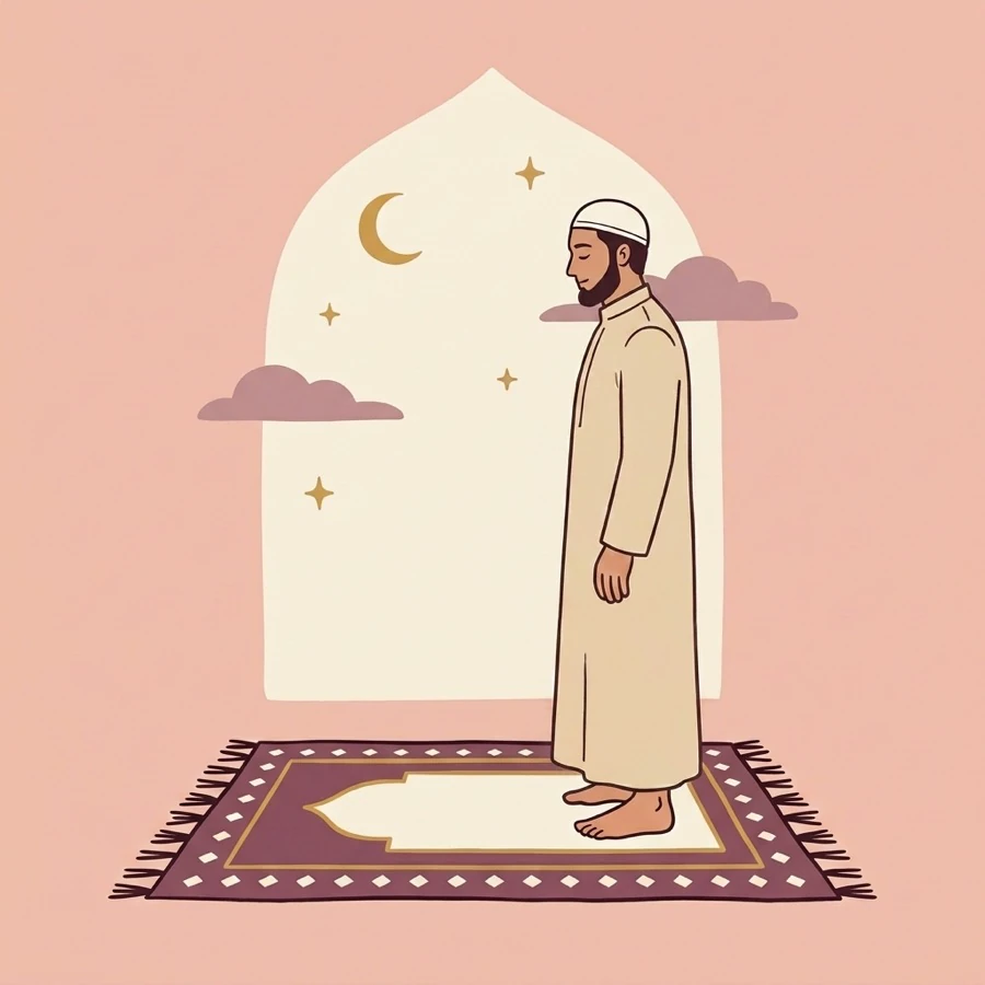 A person praying, standing upright again with arms relaxed at the sides