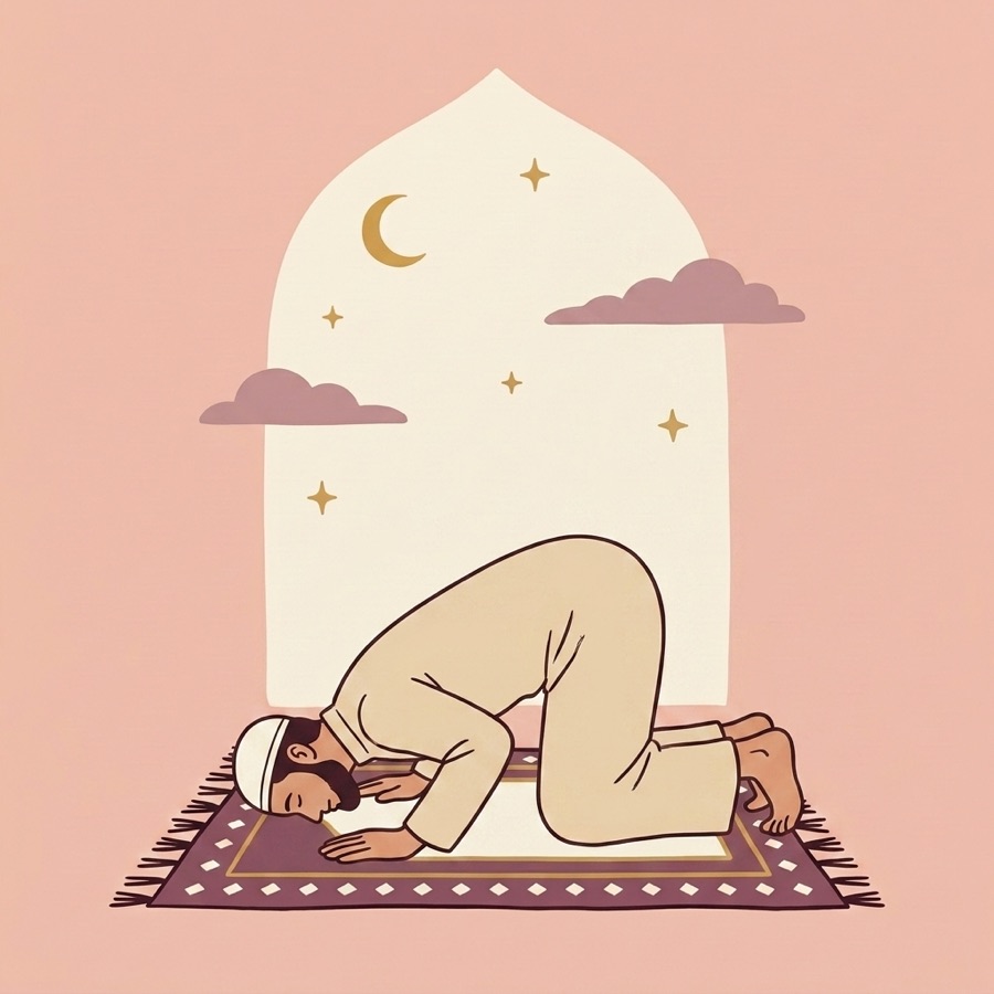 A person praying, prostrating with the forehead on the mat, palms flat beside the head, knees and toes down