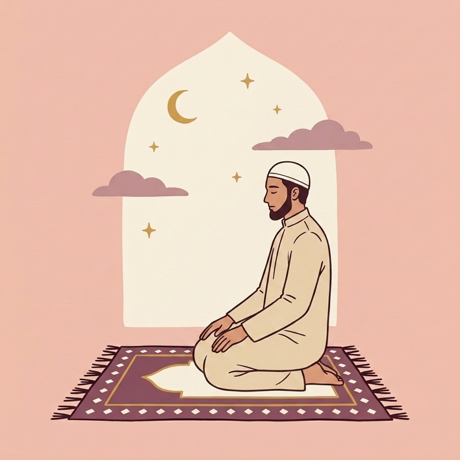 A person praying, sitting back on the heels with hands resting on the thighs