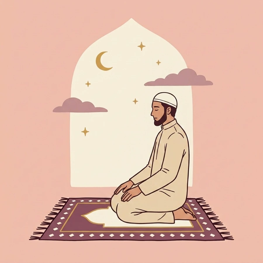 A person praying, sitting back on the heels with hands resting on the thighs