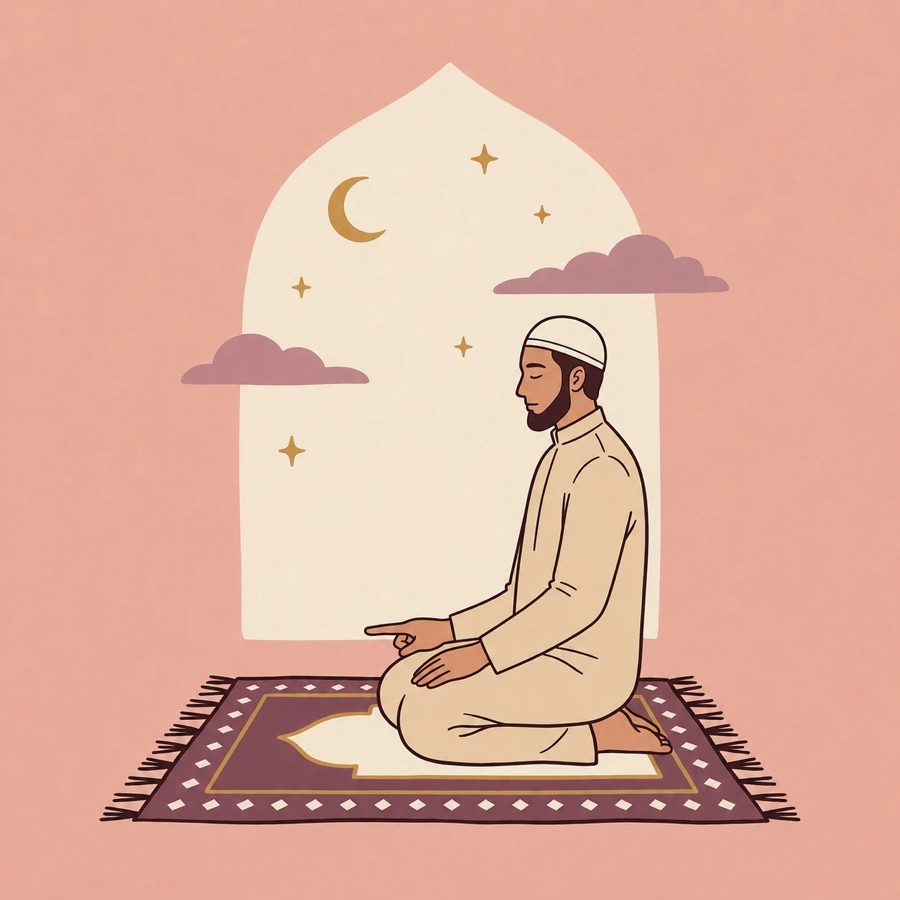 A person praying, sitting back on the heels with the forearms resting along the thighs and the right index finger extended past the knee