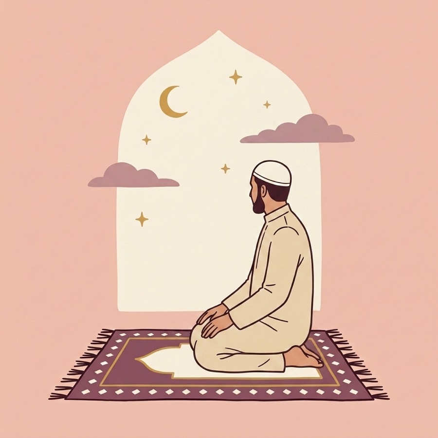 A person praying, sitting and turning the head to look over the right shoulder
