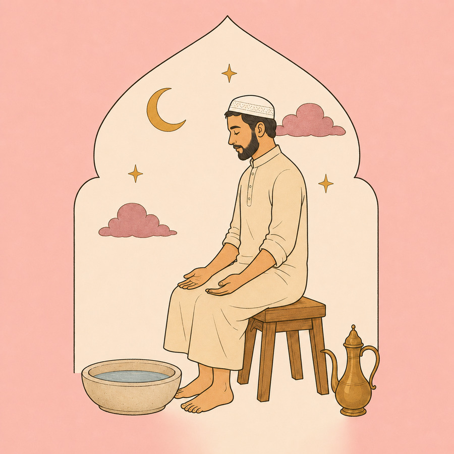 A person seated beside a basin of water, hands resting, about to begin wudu