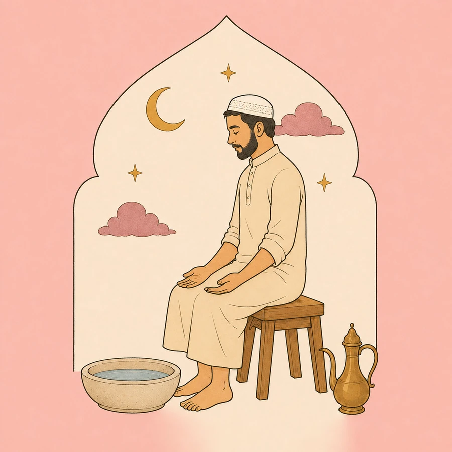 A person seated beside a basin of water, hands resting, about to begin wudu