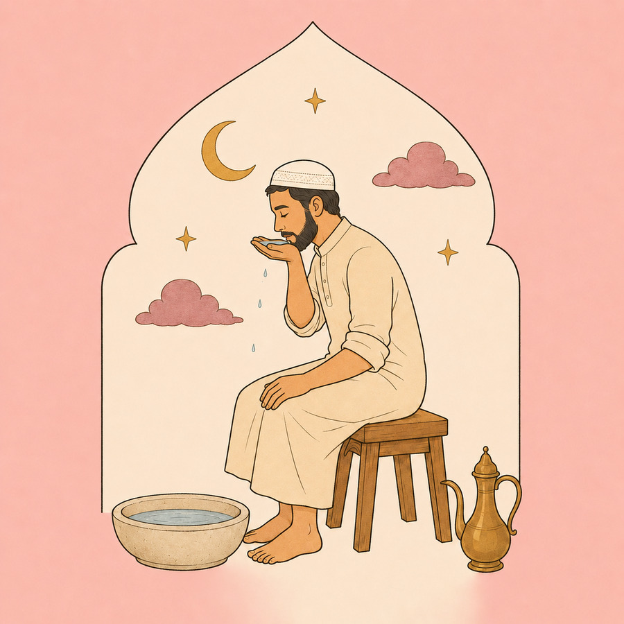 A person raising a cupped hand of water to the mouth