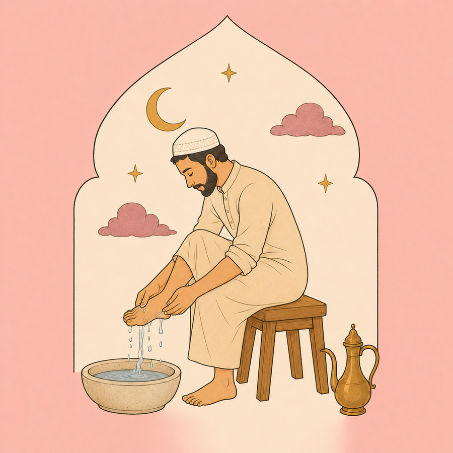 A person washing the foot over a basin, water running between the toes